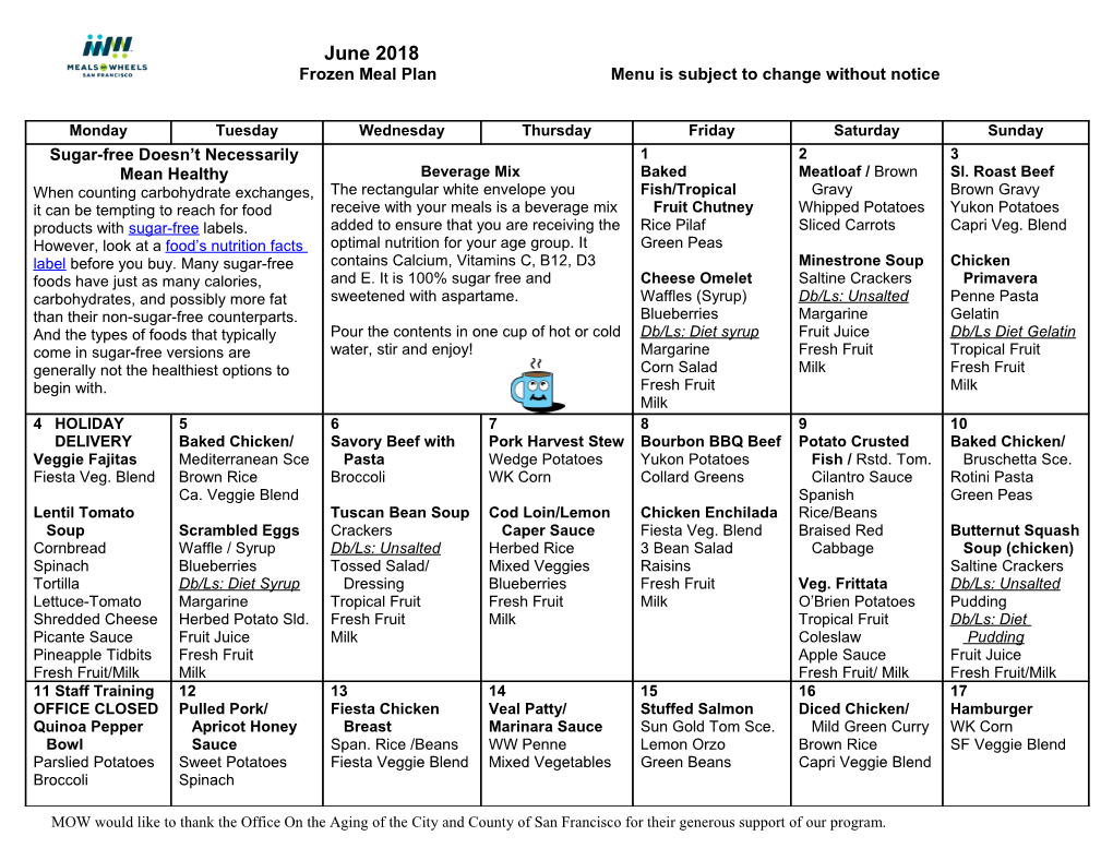 Frozen Meal Plan Menu Is Subject to Change Without Notice