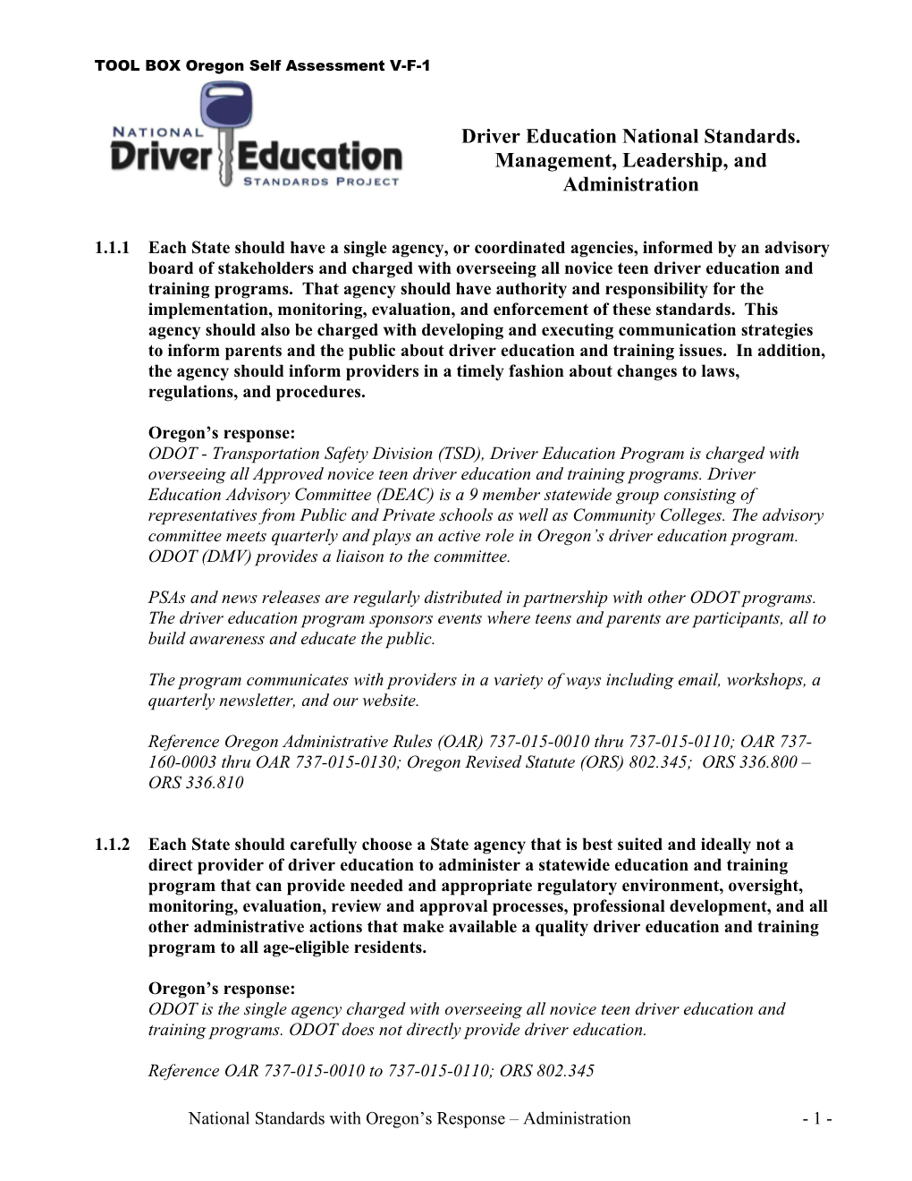 Driver Education National Standards