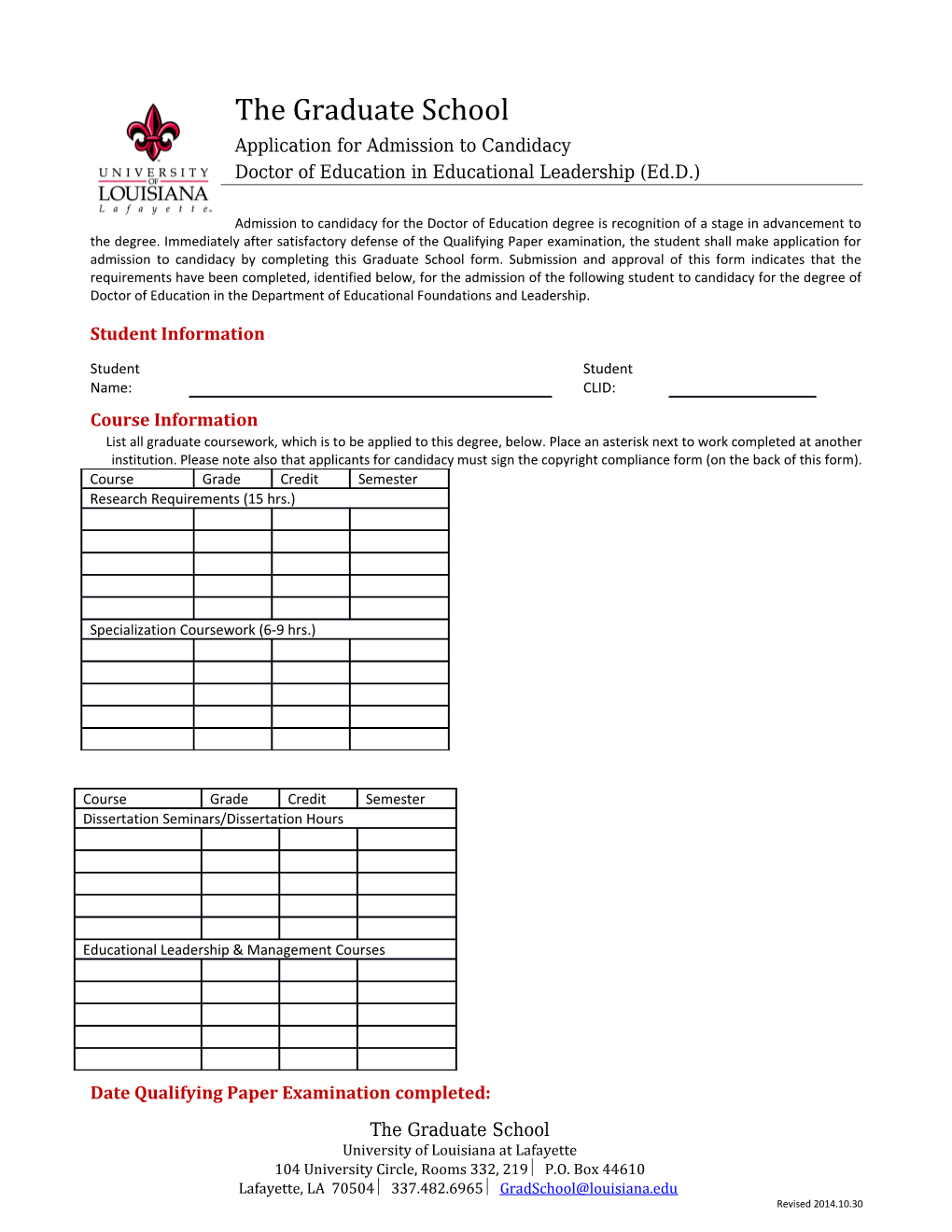 Application for Admission to Candidacy