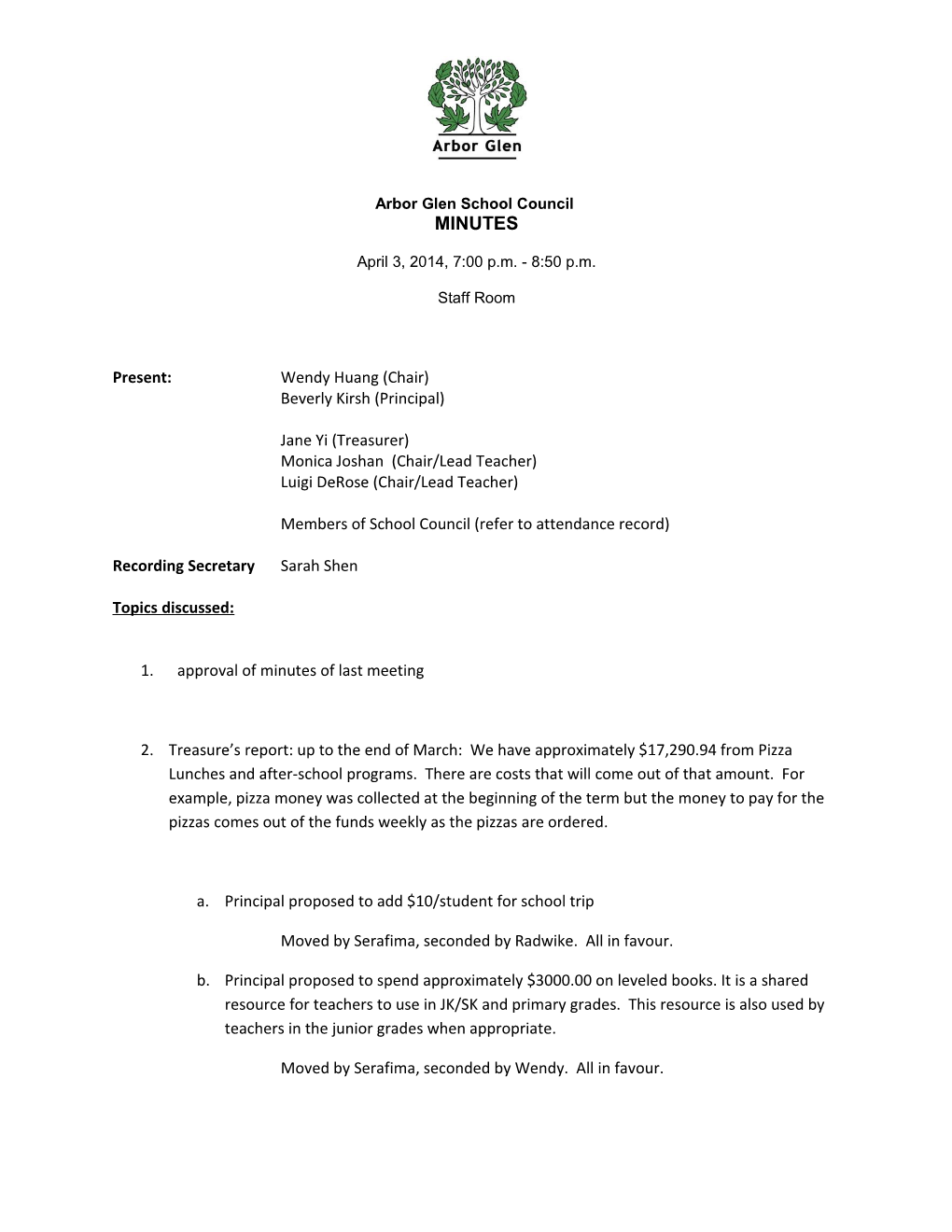 Arbor Glen School Council Meeting Minutes
