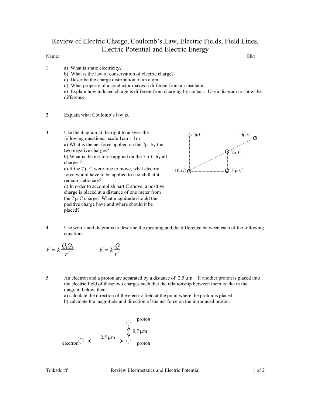 Electric Charge, Coulomb S Law, Electric Fields, Field Lines, Electric Potential and Electric