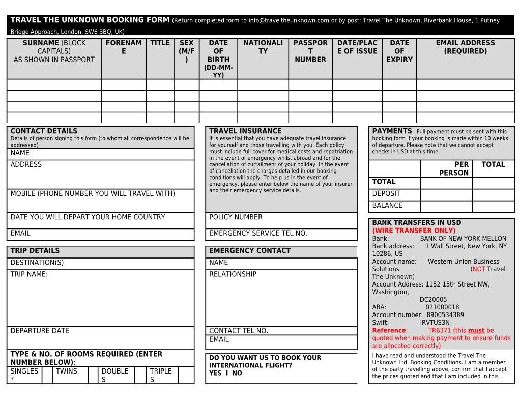 Travel the Unknown Booking Form