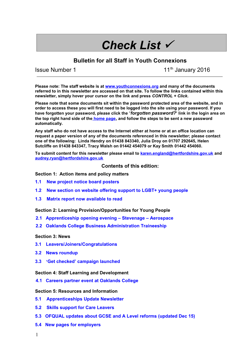 Bulletin for All Staff in Youth Connexions