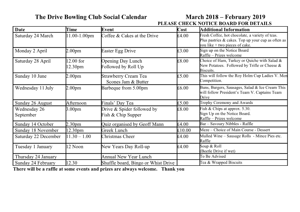 The Drive Bowling Club Social Calendar - March 2018 February 2019