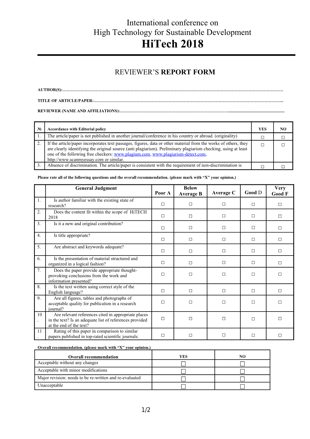 Referee's Report Form