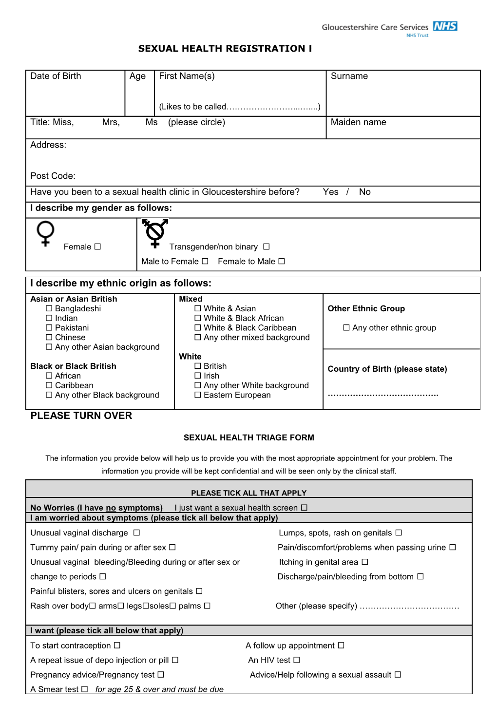 Gloucestershire Pct Sexual Health Female Registration Form