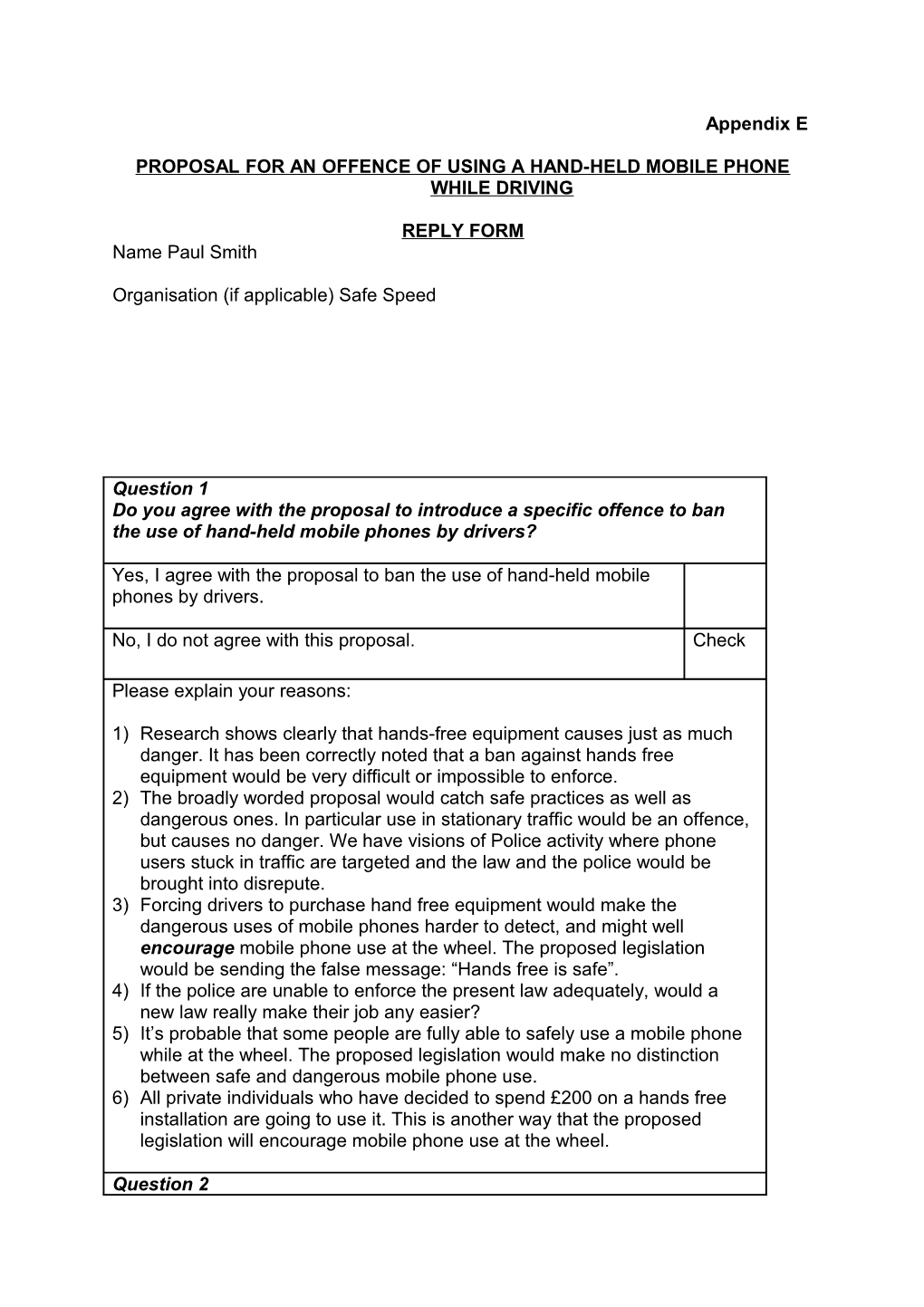 Proposal for an Offence of Using a Hand-Held Mobile Phone While Driving