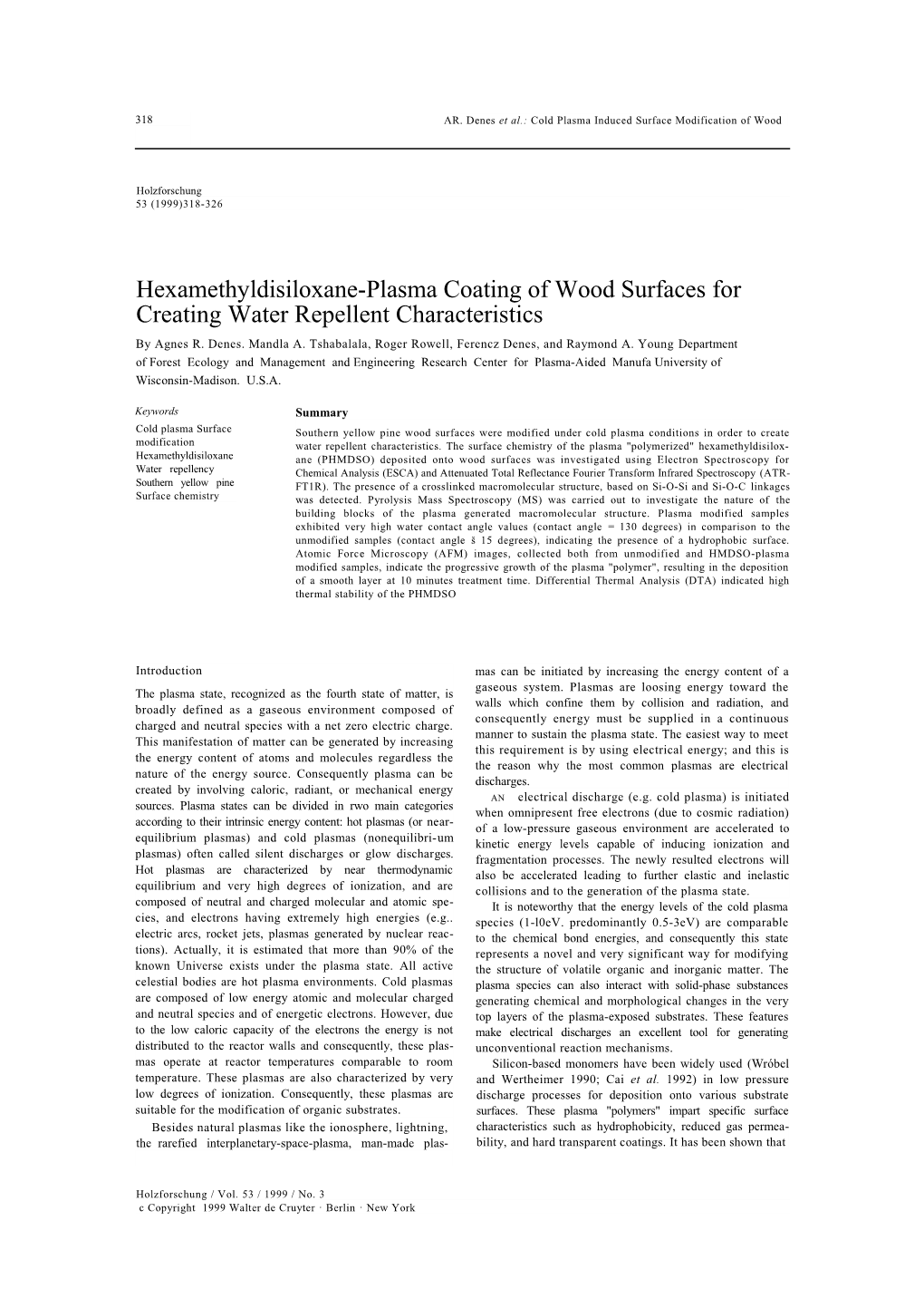 Hexamethyldisiloxane-Plasma Coating of Wood Surfaces for Creating Water Repellent