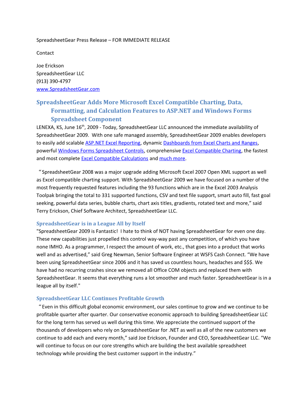 Spreadsheetgear Press Release for IMMEDIATE RELEASE s1