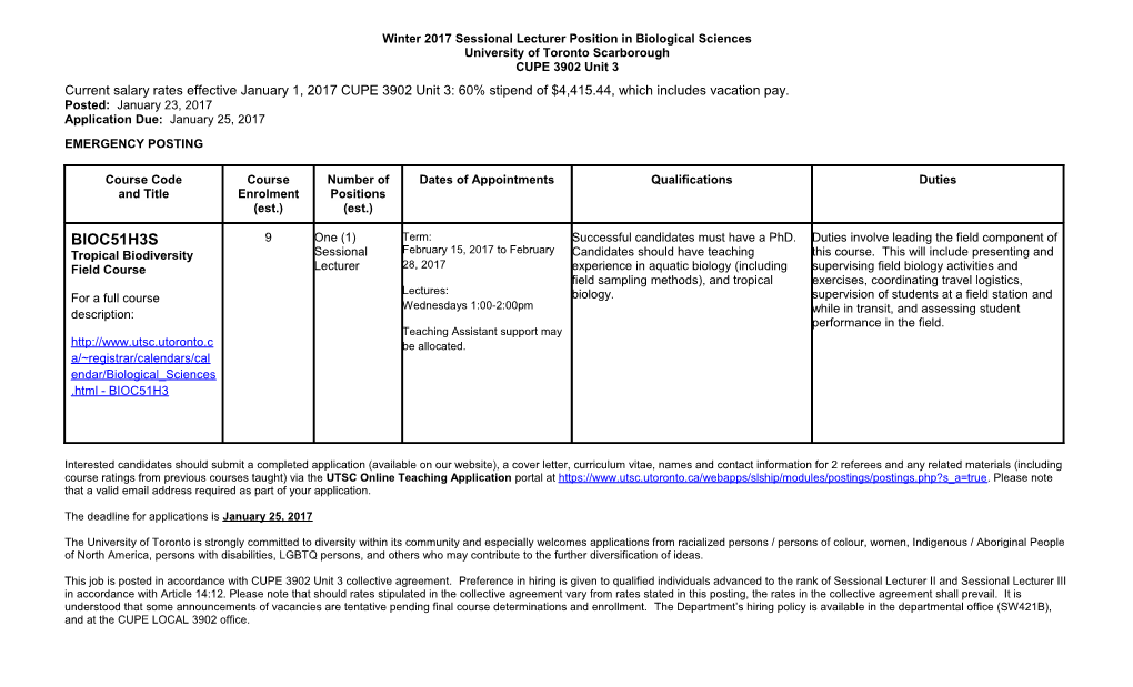 Winter 2017Sessional Lecturer Position in Biological Sciences