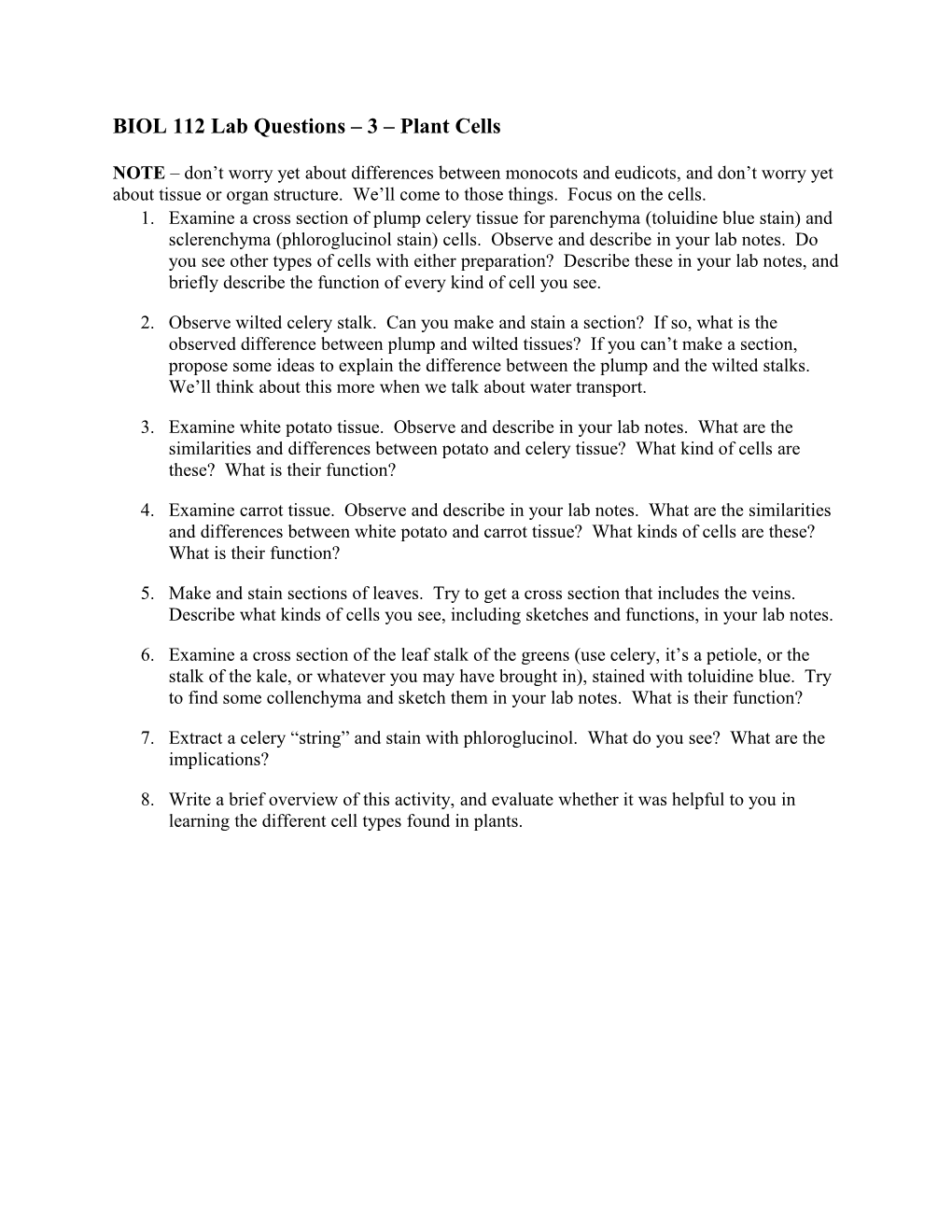 BIOL 112 Lab Questions 3 Plant Cells