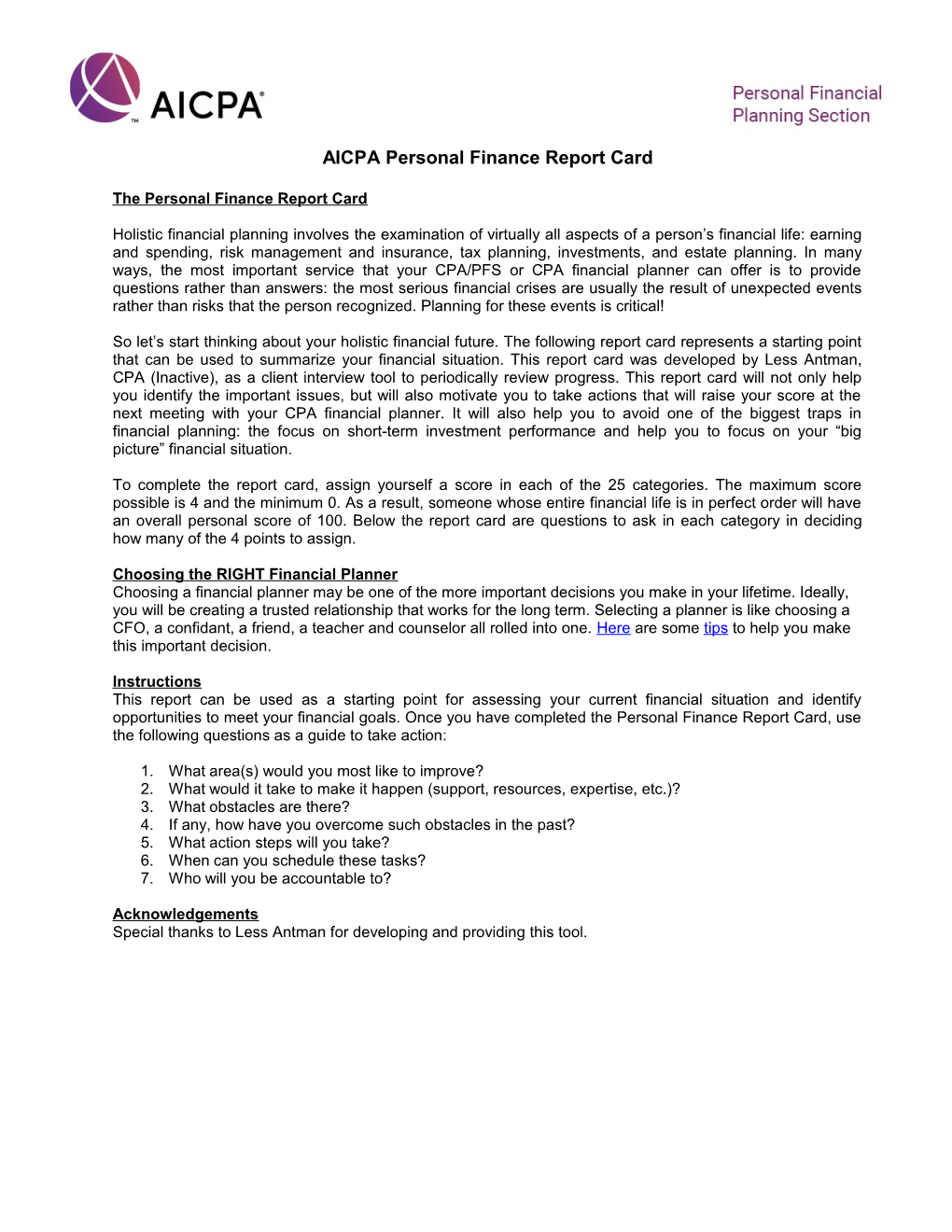 AICPA Personal Finance Report Card