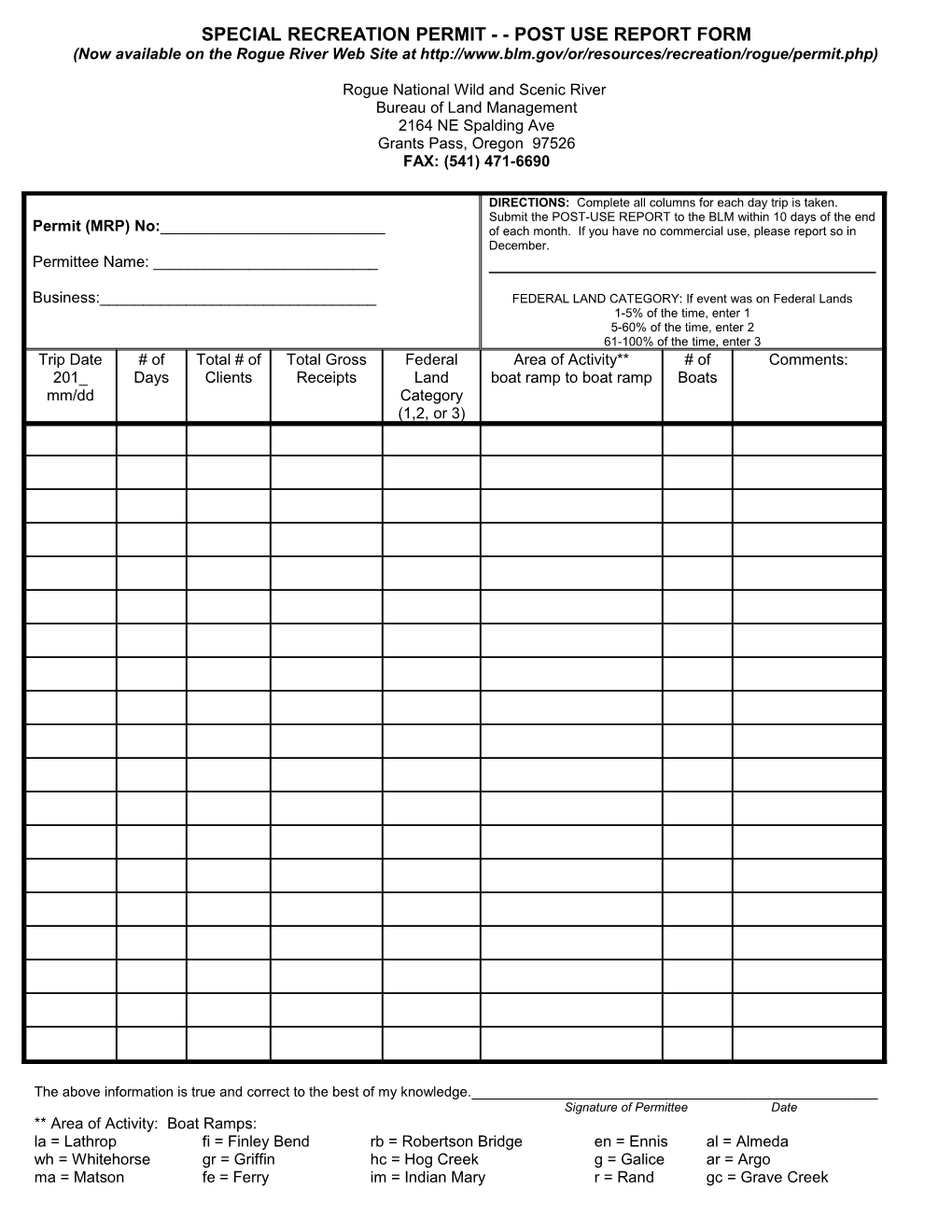 Special Recreation Permit - - Post Use Report Form
