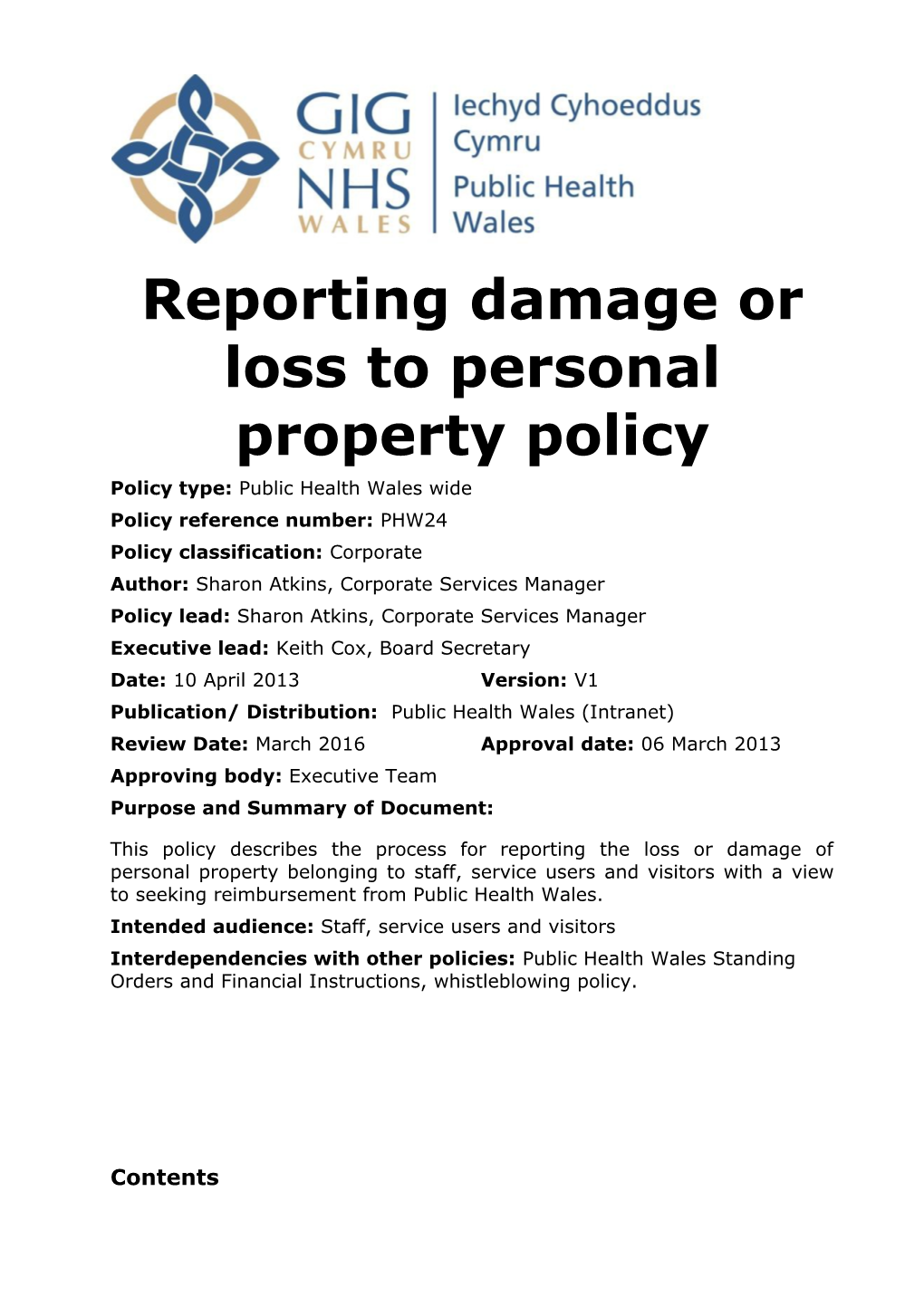 Reporting Damage Or Loss to Personal Property