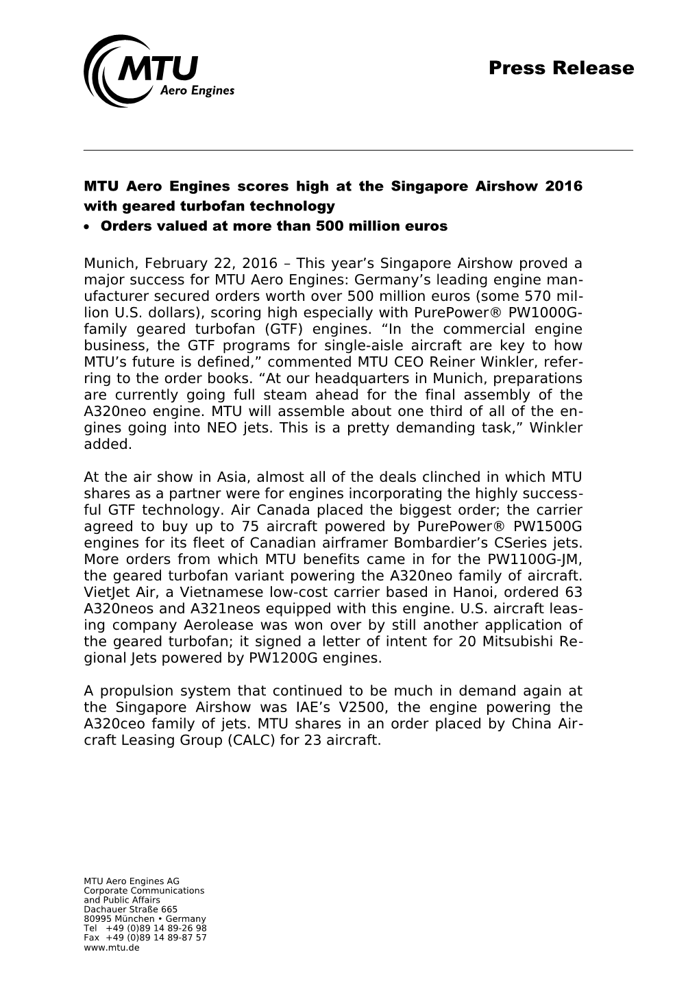 MTU Aero Engines Scores High at the Singapore Airshow 2016 with Geared Turbofan Technology