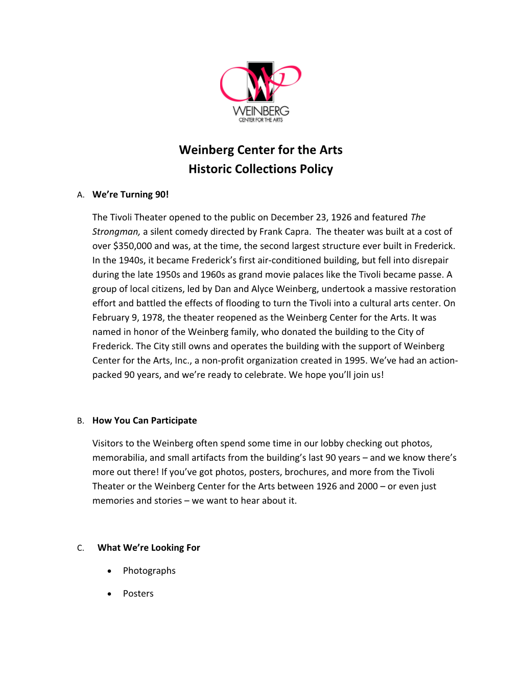 Weinberg Center for the Arts Historic Collections Policy
