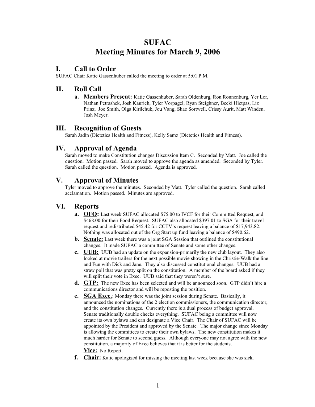 Meeting Minutes for March 9, 2006