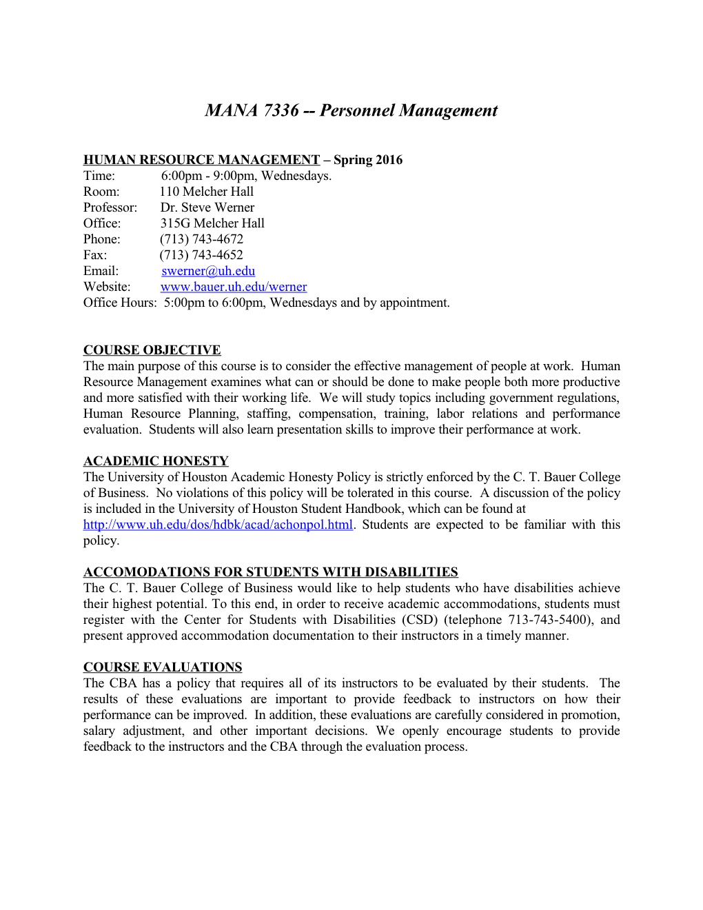 HUMAN RESOURCE MANAGEMENT Spring 2016