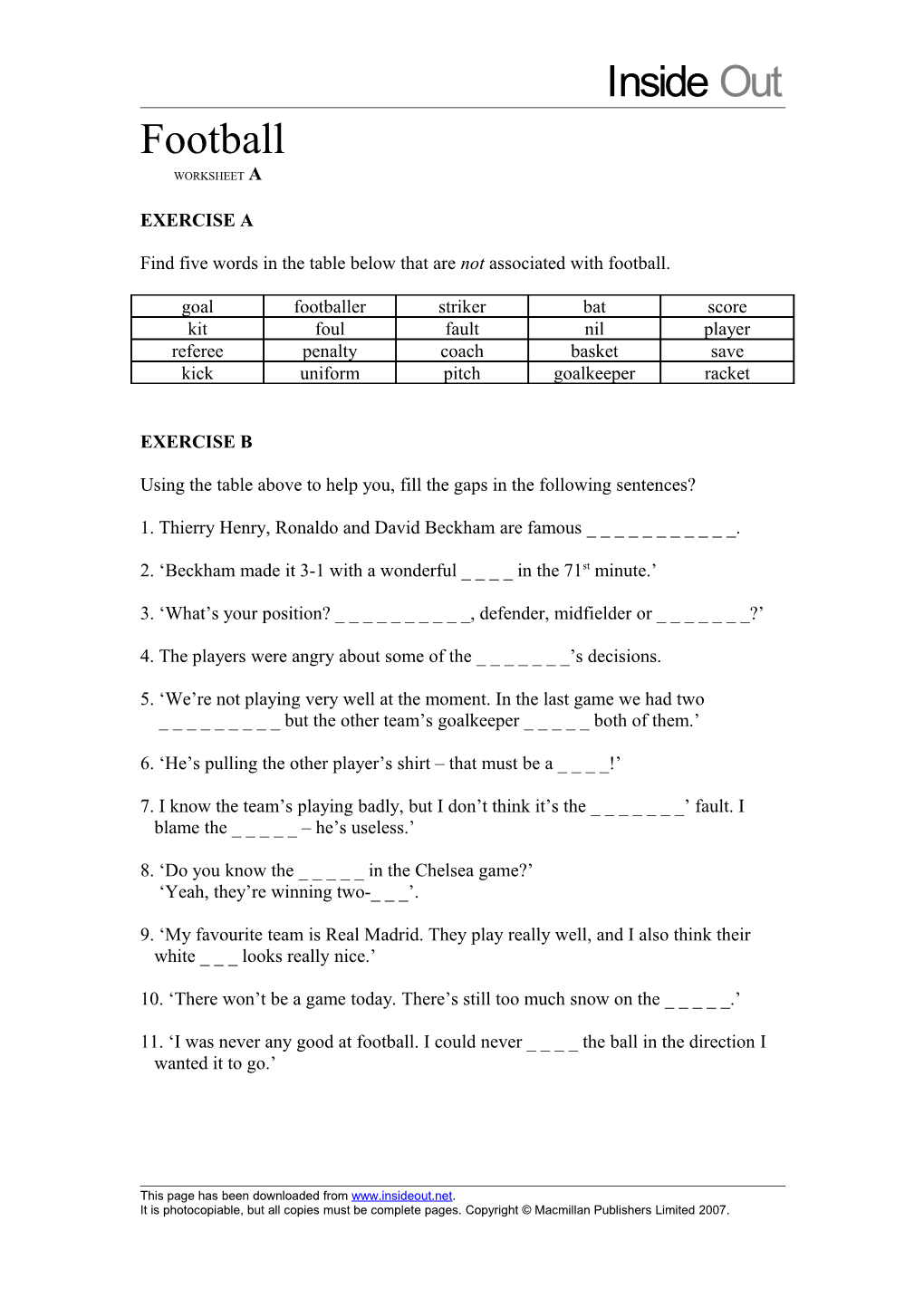 Football Worksheet A