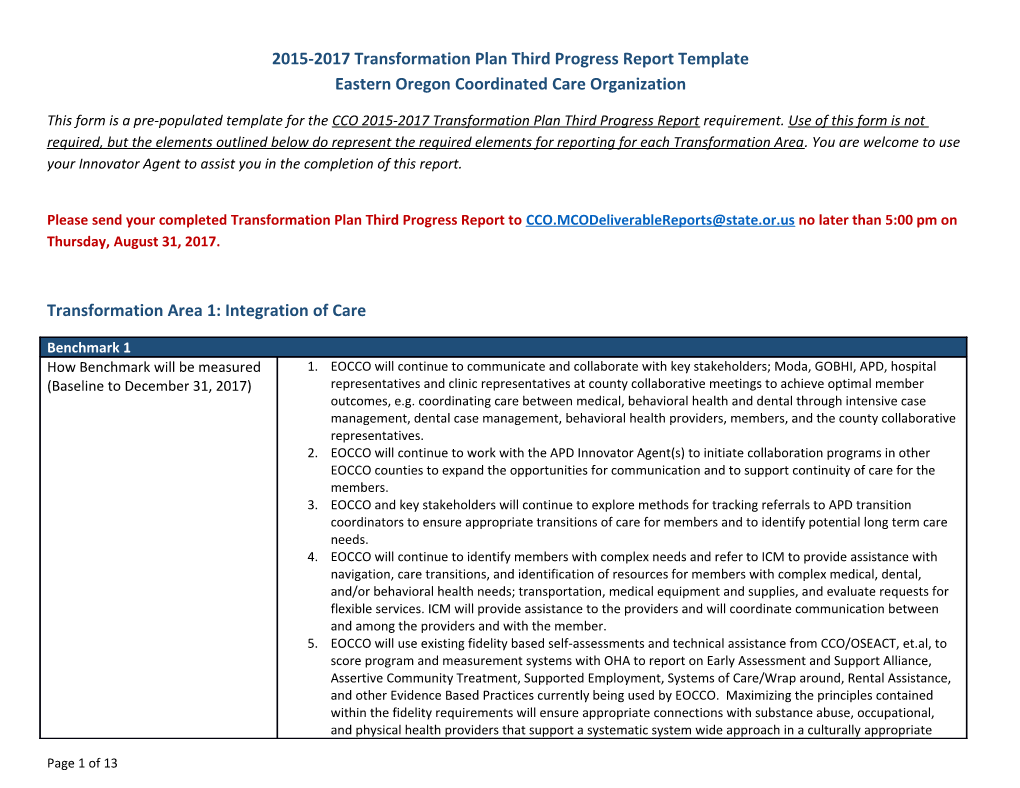 2015-2017 Transformation Plan Third Progress Report Template Eastern Oregon Coordinated