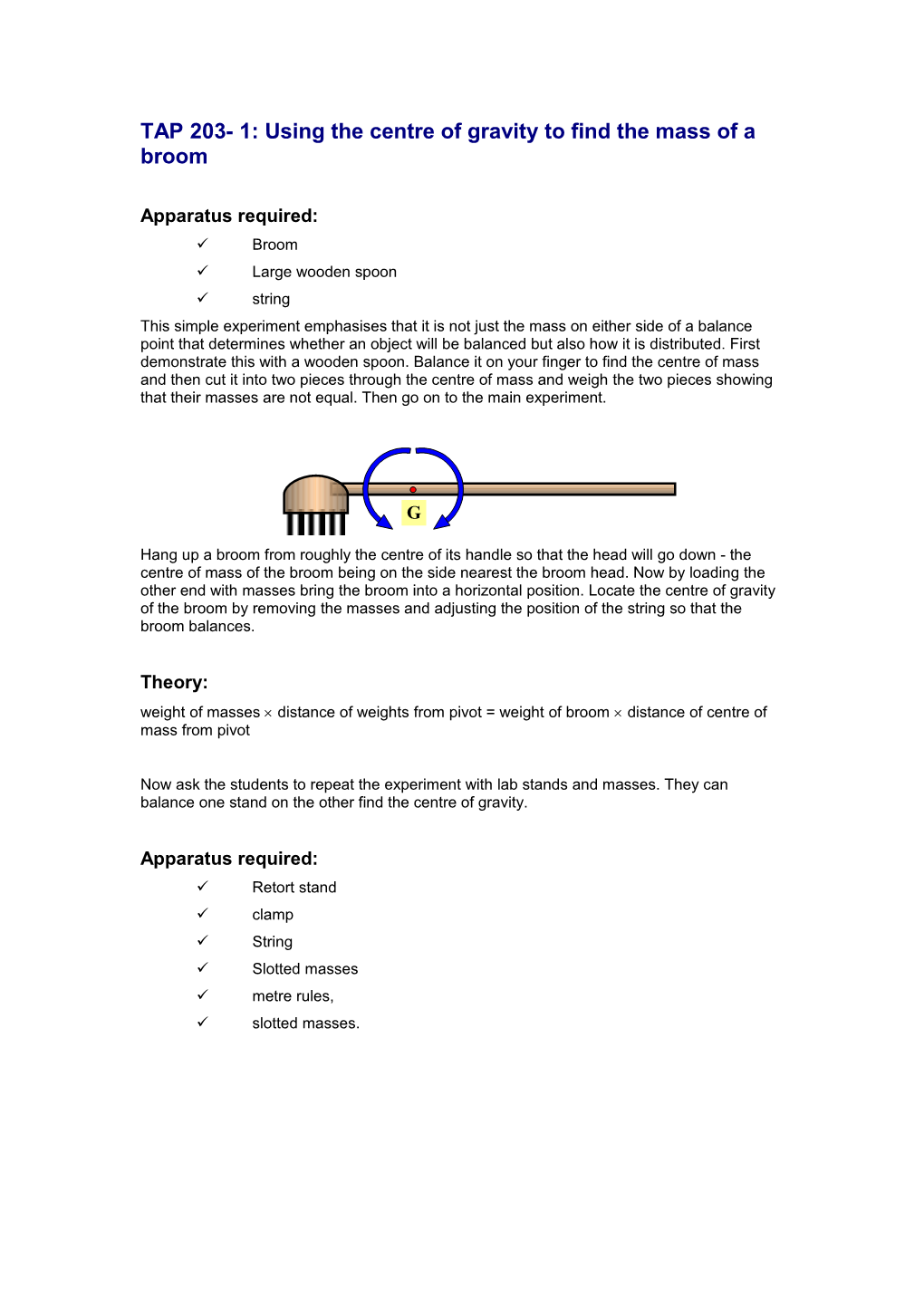 TAP 203- 1: Using the Centre of Gravity to Find the Mass of a Broom