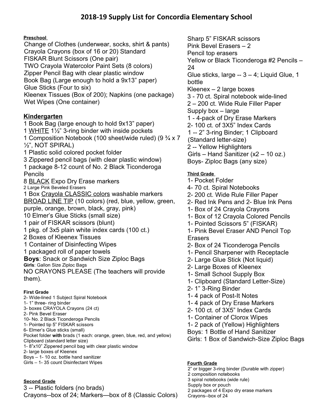 2018-19Supply List Forconcordia Elementary School