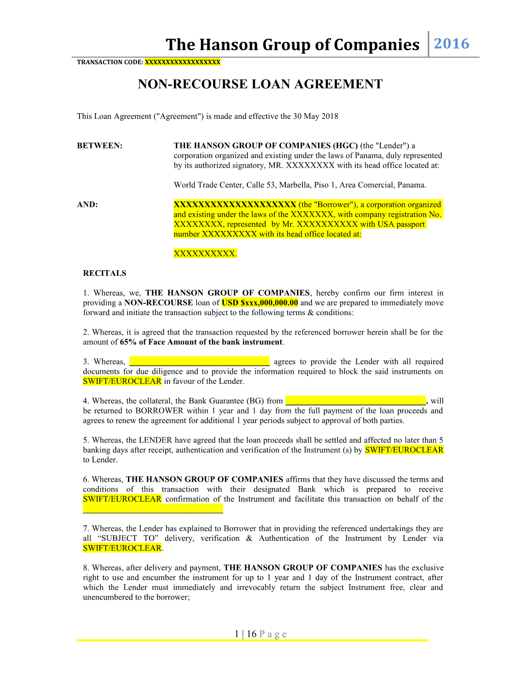 Non-Recourse Loan Agreement