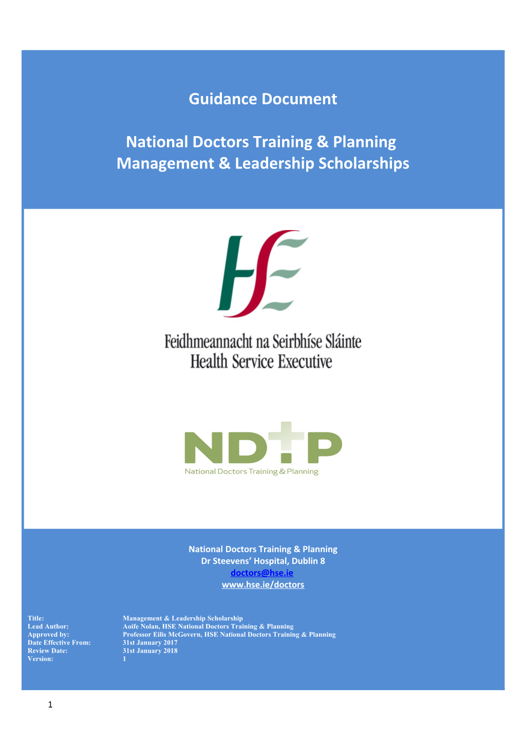 Guidance Document National Doctors Training & Planning Management & Leadership Scholarships