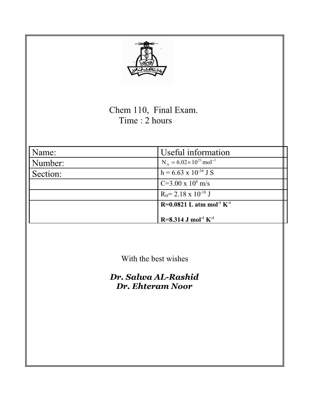 Chem 110, Final Exam