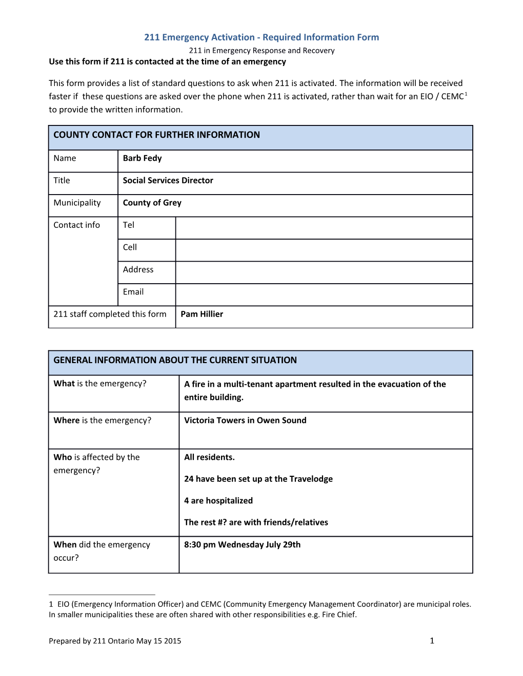 211 Emergency Activation - Required Information Form