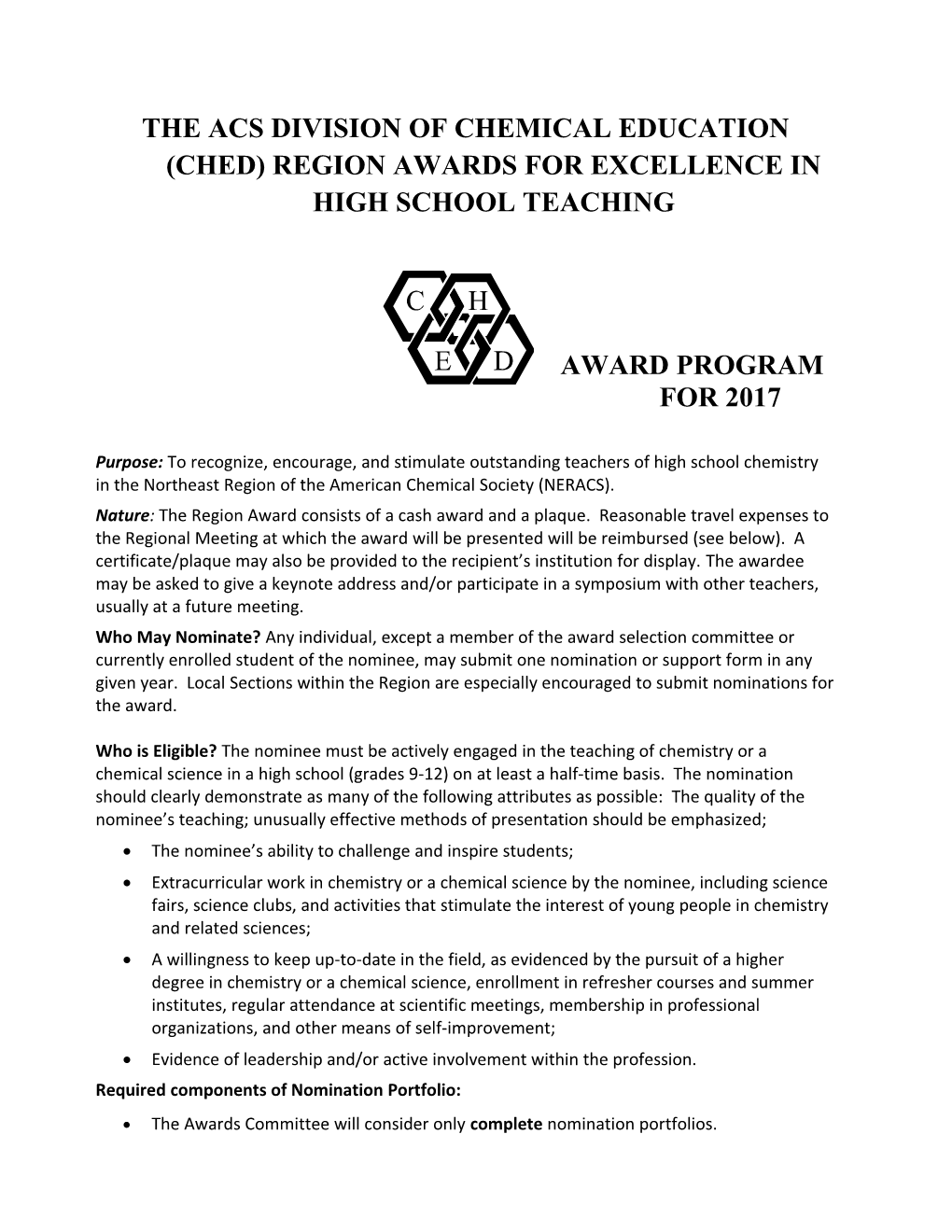 THE ACS DIVISION of CHEMICAL EDUCATION Name of Region REGION AWARD for EXCELLENCE in HIGH s1