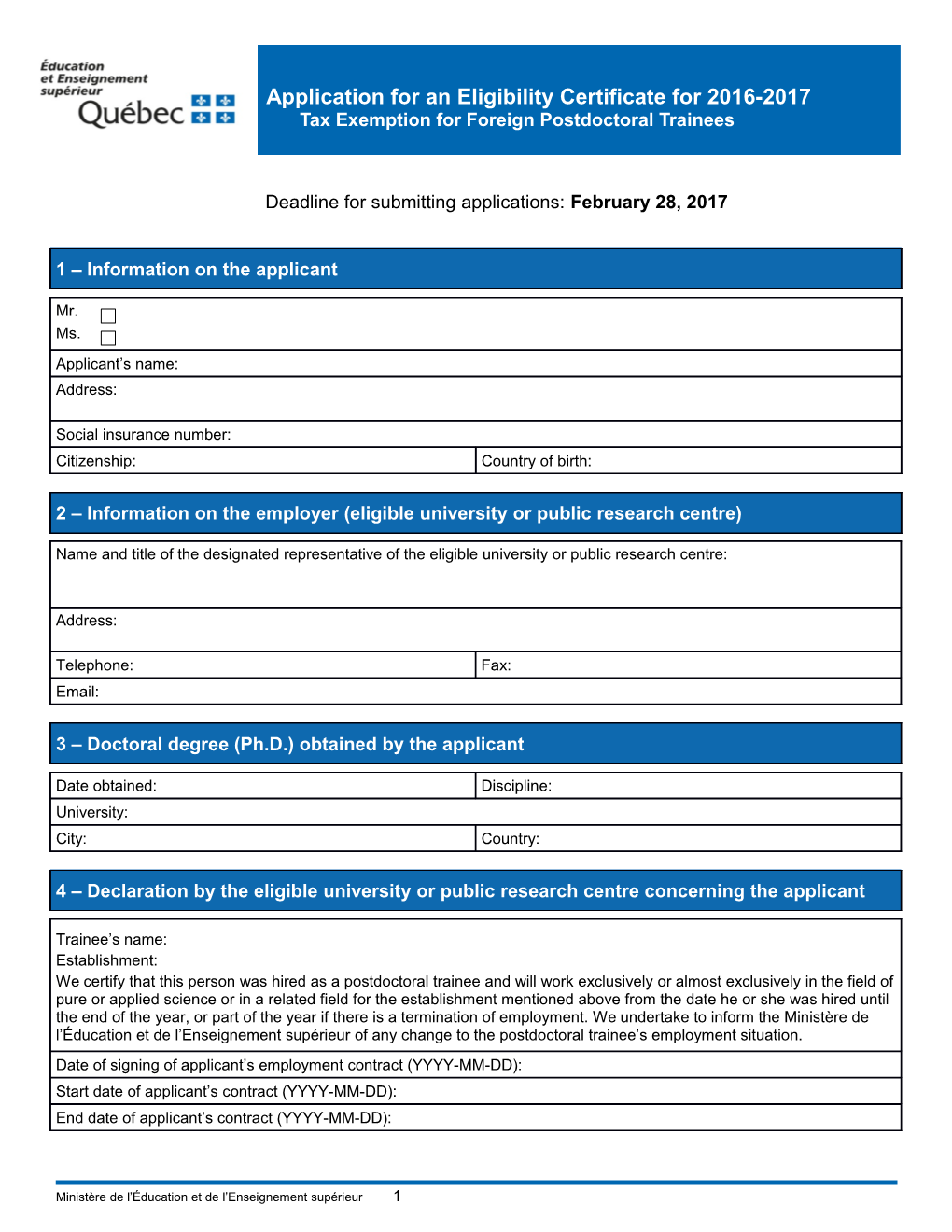 Tax Exemption for Foreign Postdoctoral Trainees Application for an Eligibility Certificate