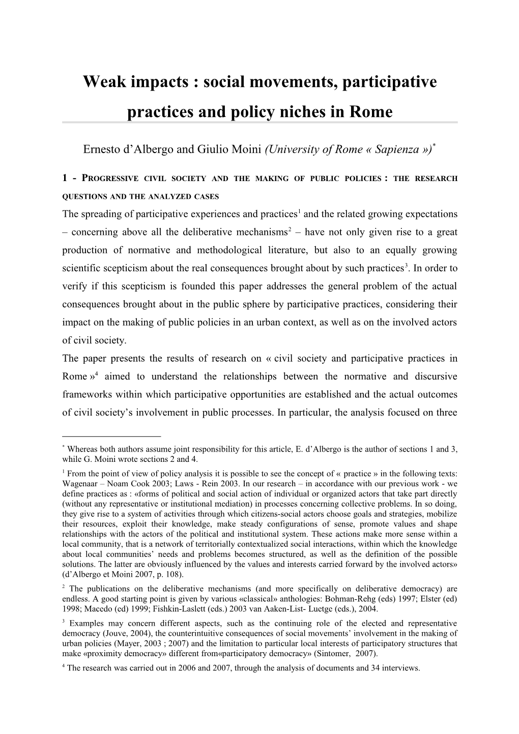Weak Impacts : Social Movements, Participative Practices and Policy Niches in Rome