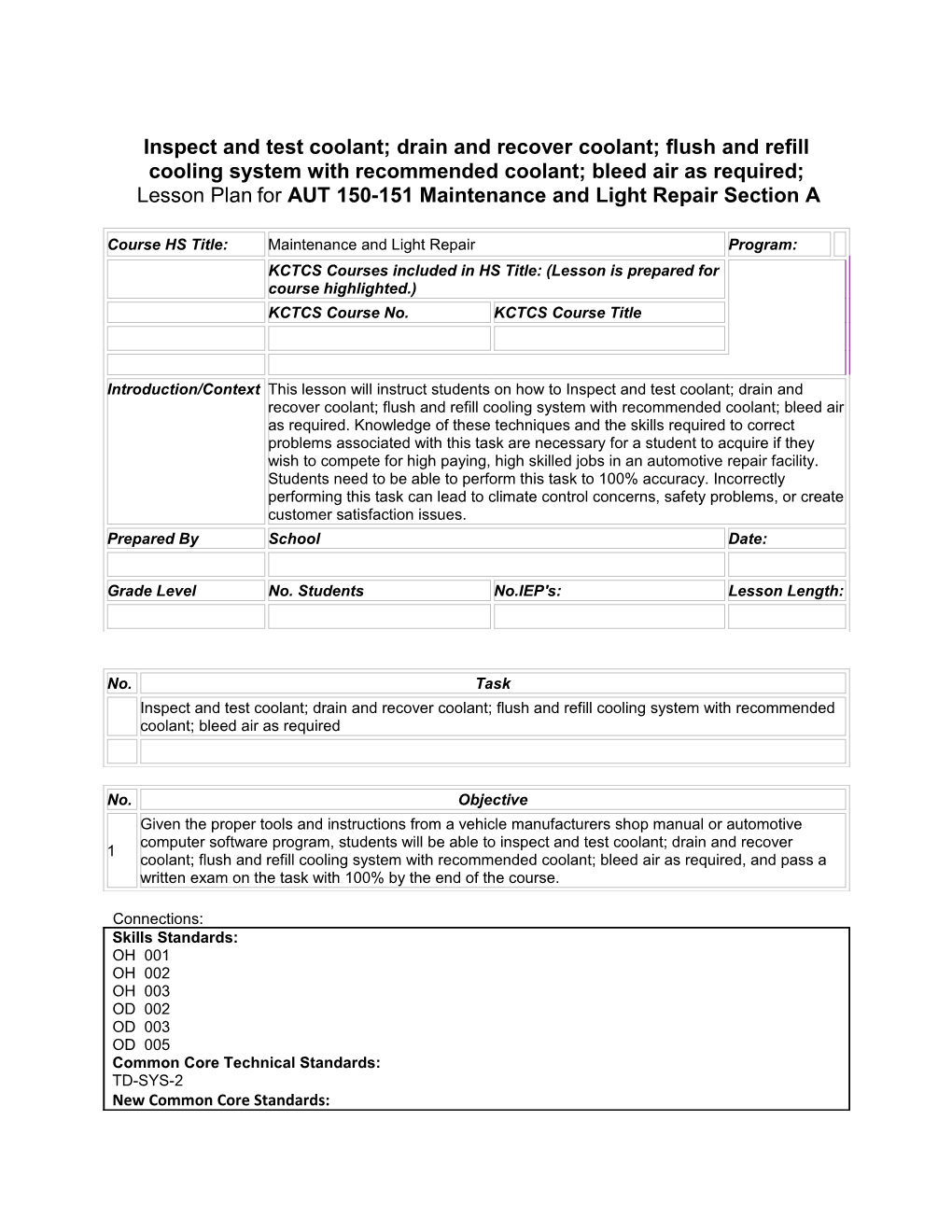 Lesson Plan for AUT 150-151 Maintenance and Light Repair Section A