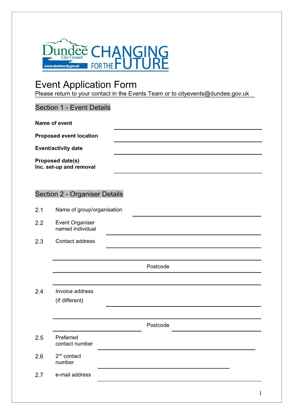 Event Application Form Please Return to Your Contact in the Events Team Or To