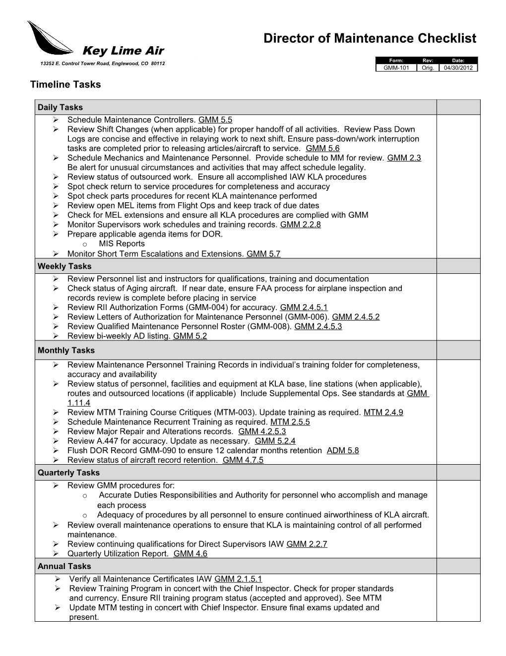 Director of Maintenance Checklist