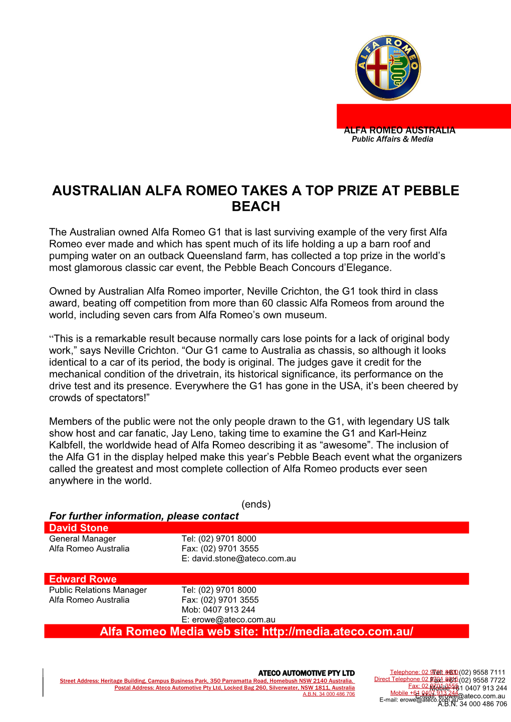 Australian Alfa Romeo Takes a Top Prize at Pebblebeach