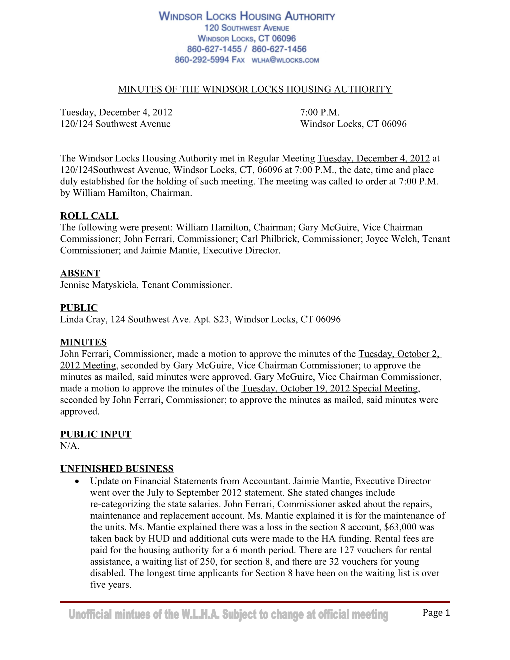 Minutes of the Windsor Locks Housing Authority s2