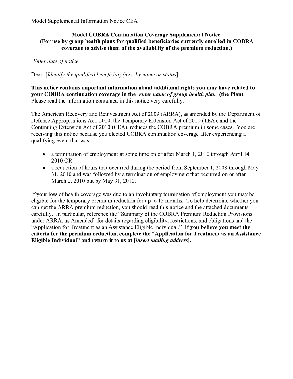 Model COBRA Continuation Coverage Supplemental Notice