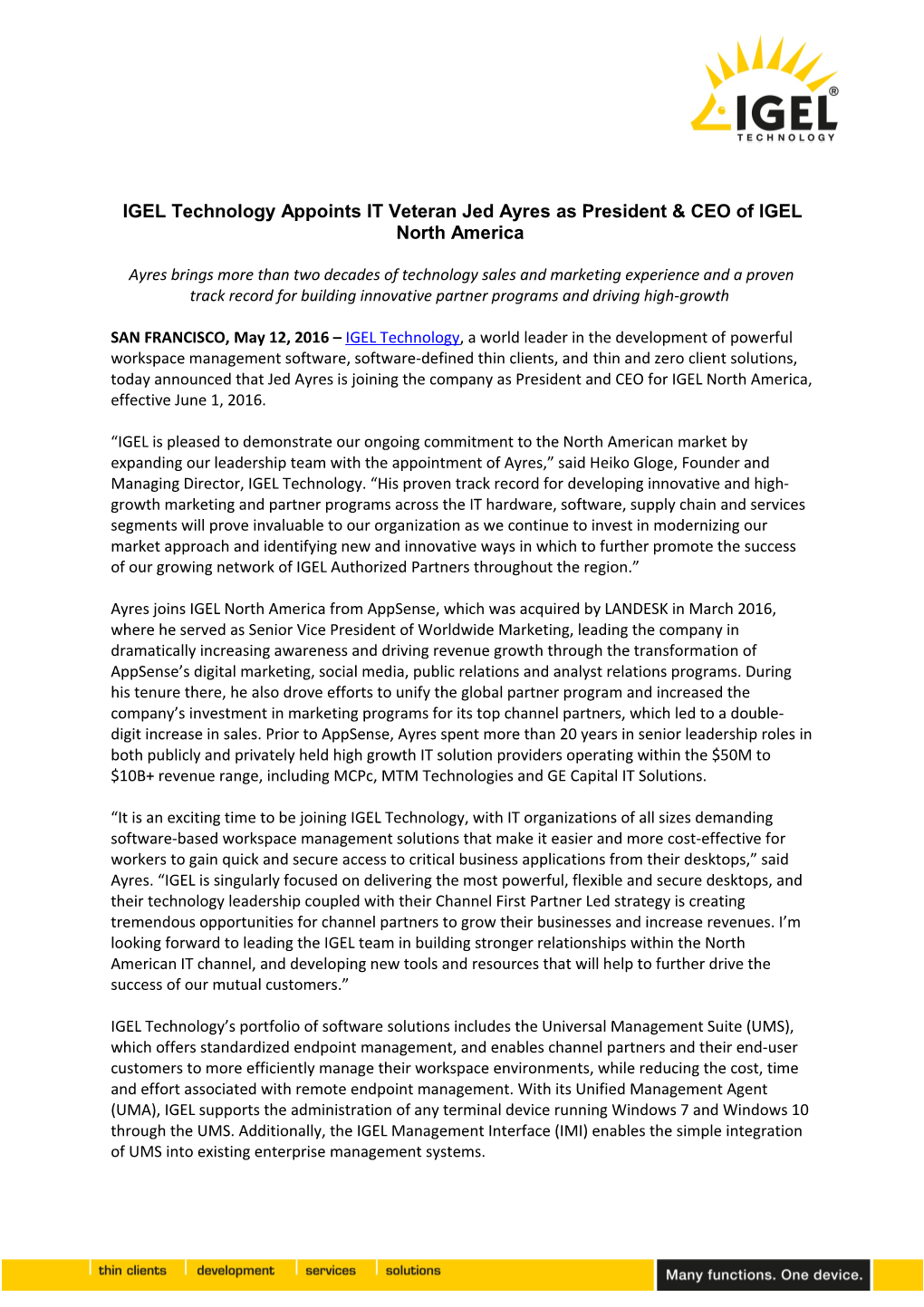 IGEL Technology Appoints IT Veteran Jed Ayres As President & CEO of IGEL North America