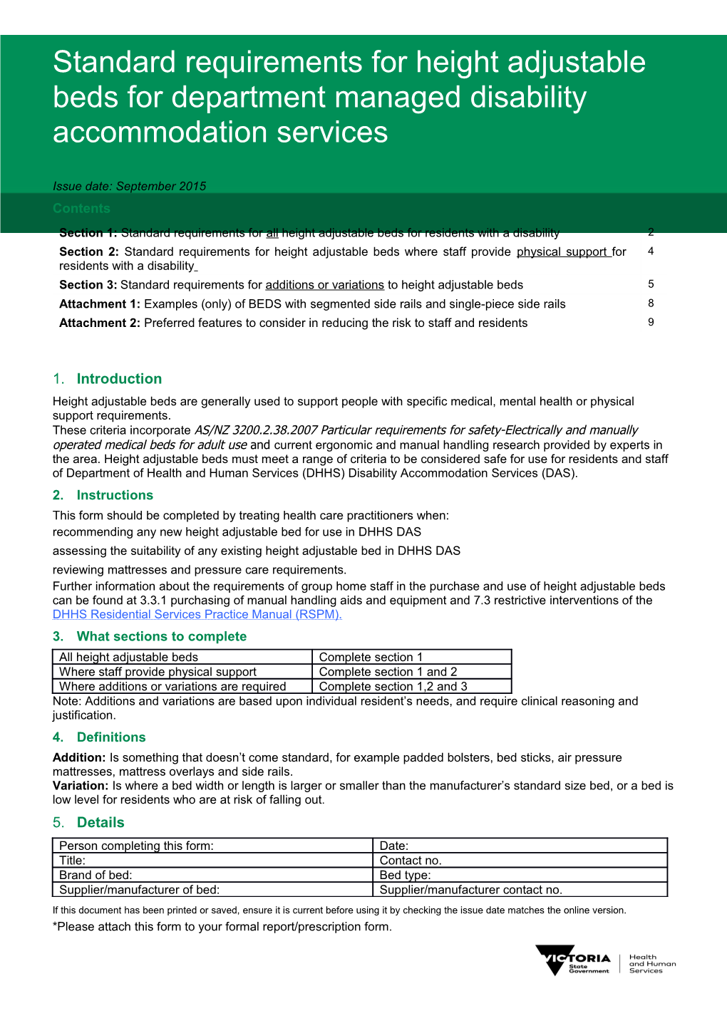 Standard Requirements for Height Adjustable Beds for Department Managed Disability Accommodation