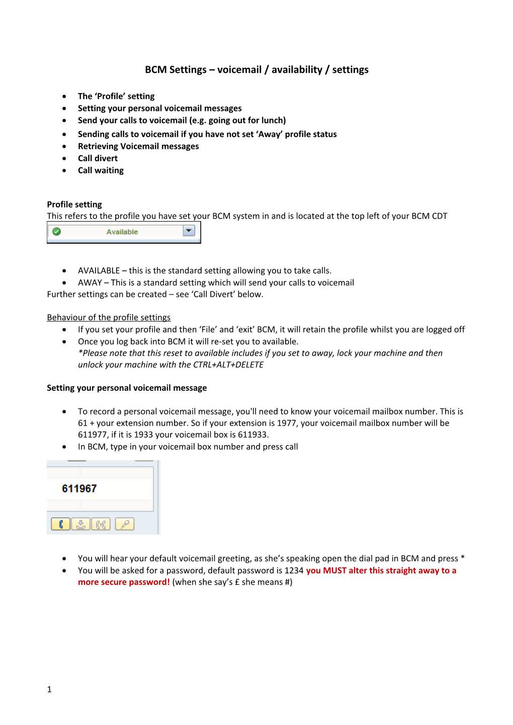 BCM Settings Voicemail / Availability / Settings