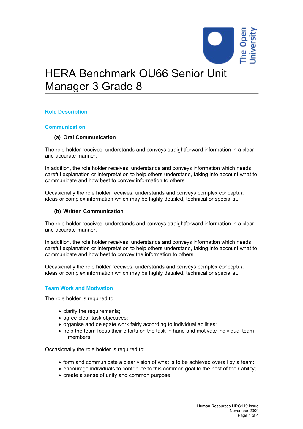 HERA Benchmark OU66 Senior Student Services Manager Grade 8 HRG119