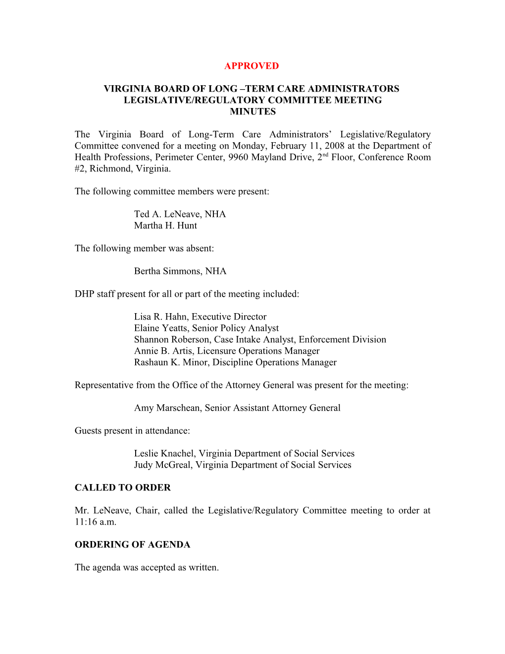 Board of Long-Term Care Administrators - Legislative/Regulatory Committee Meeting Minutes