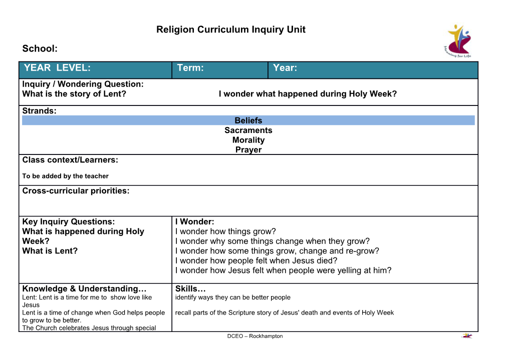Religion Curriculum Inquiry Unit