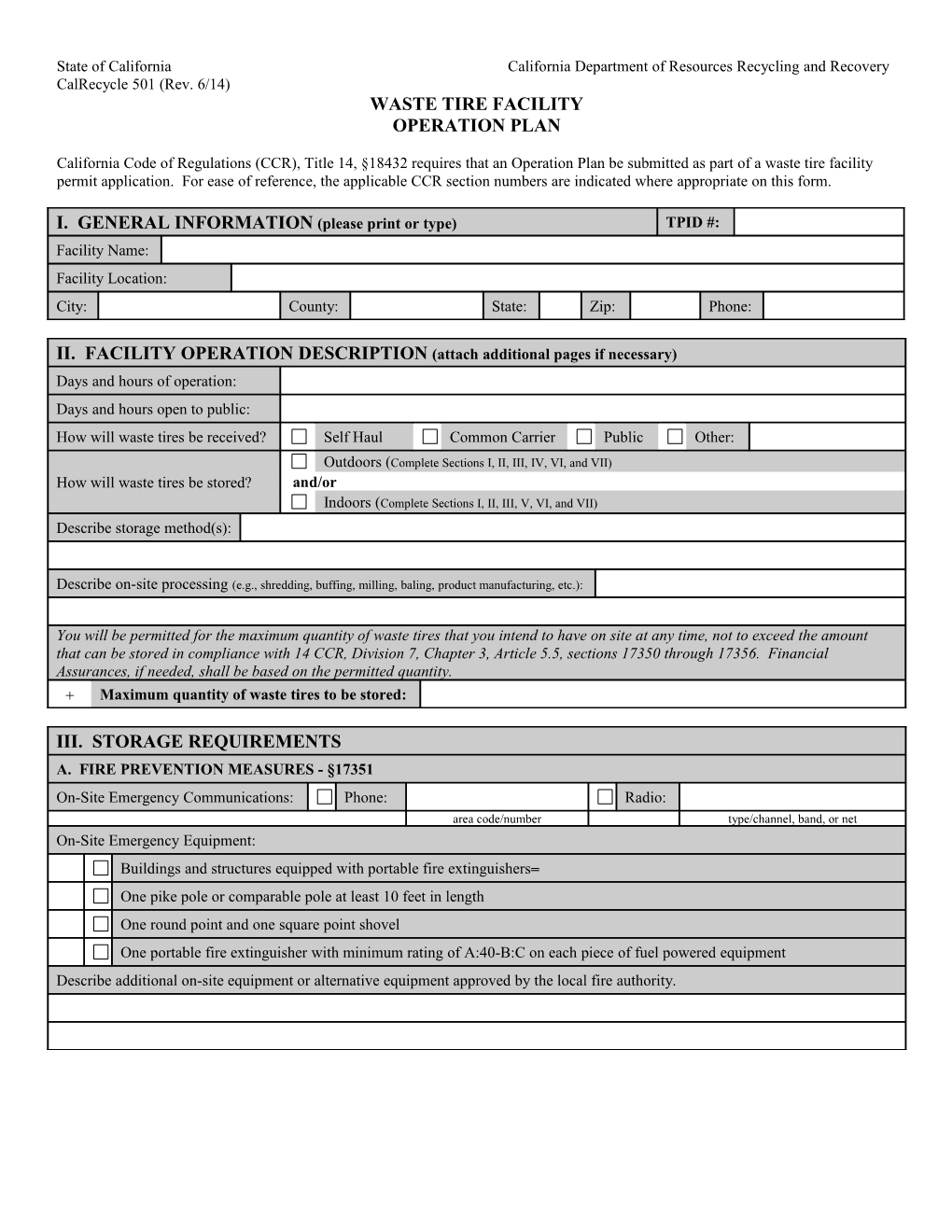 Waste Tire Facility Operation Plan, Calrecycle 501, Revised 6/14