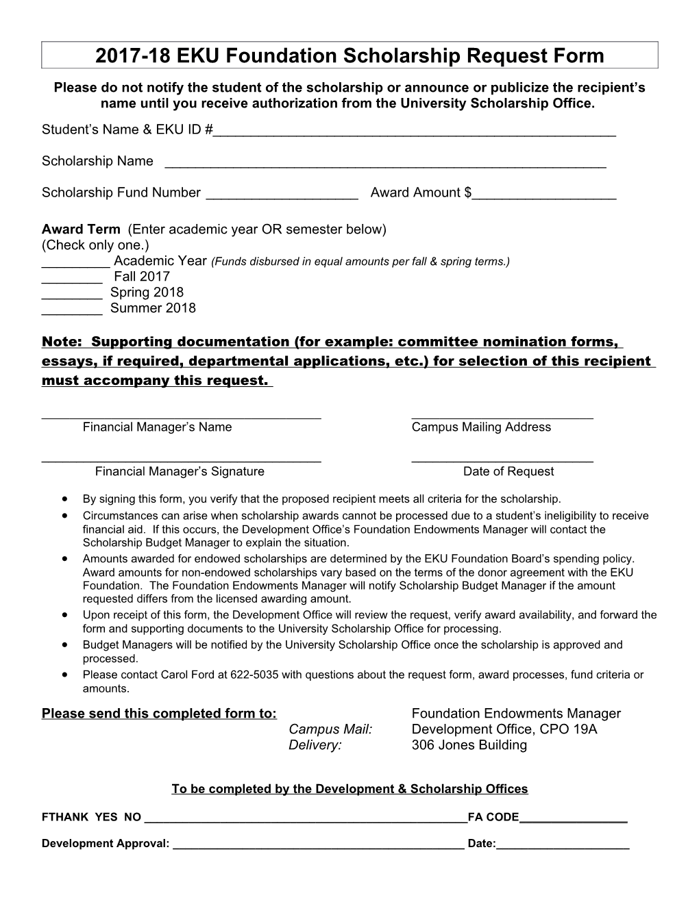 2008-09 EKU Foundation Scholarship Request Form