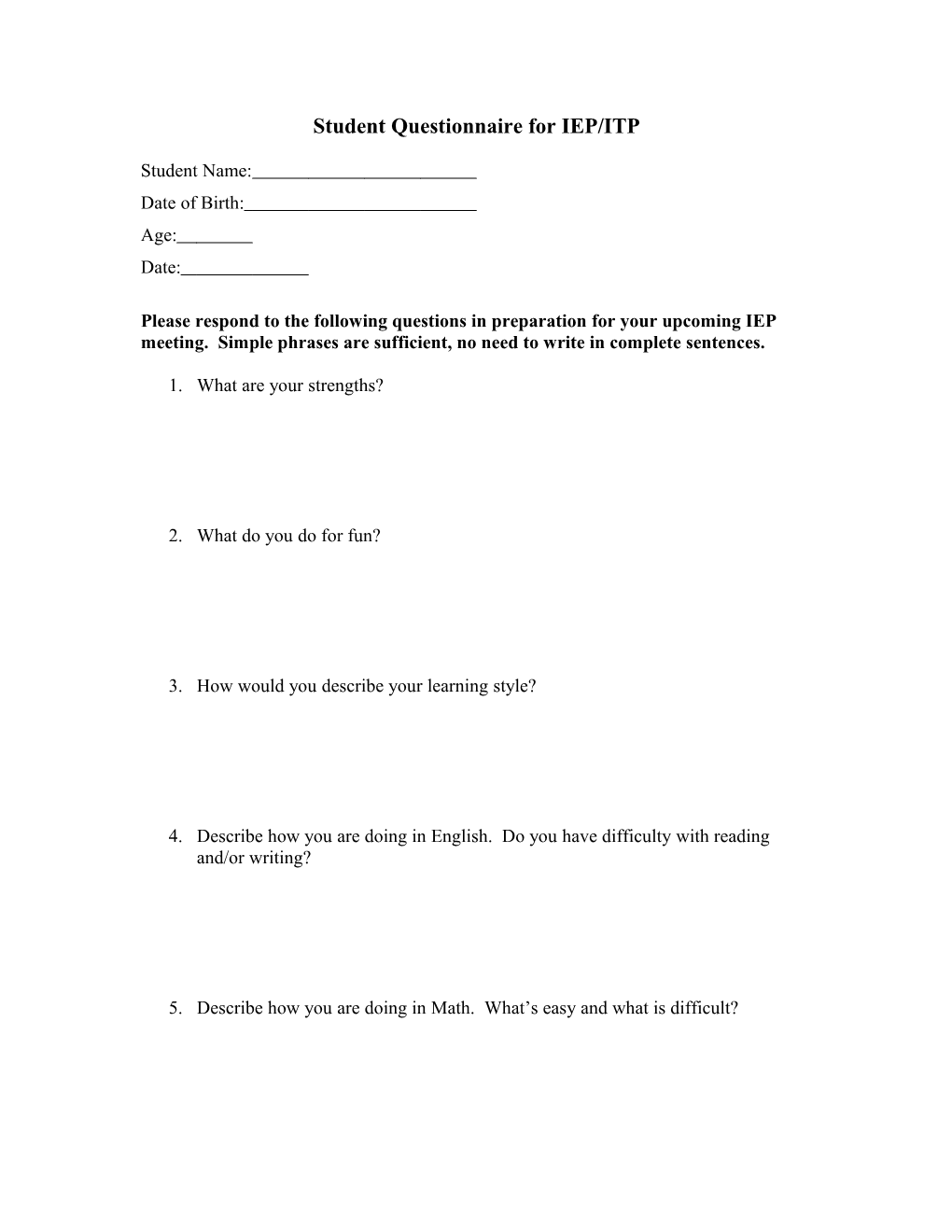 Student Questionaire for IEP/ITP