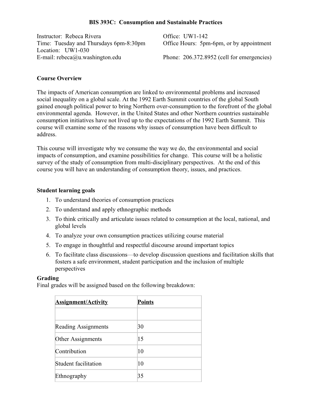 BIS 393C: Consumption and Sustainable Practices