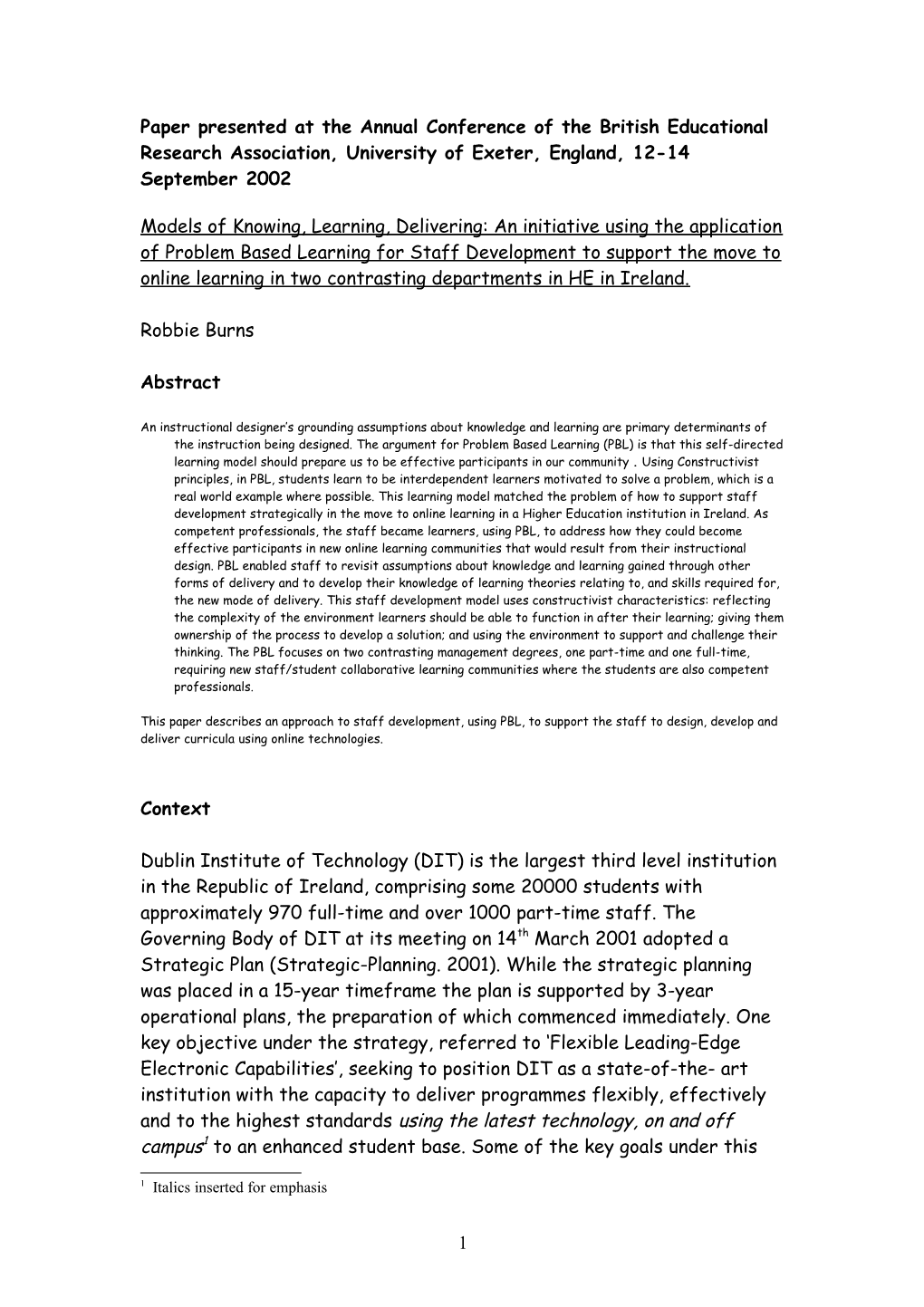 Paper Presented at the Annual Conference of the British Educational Research Association